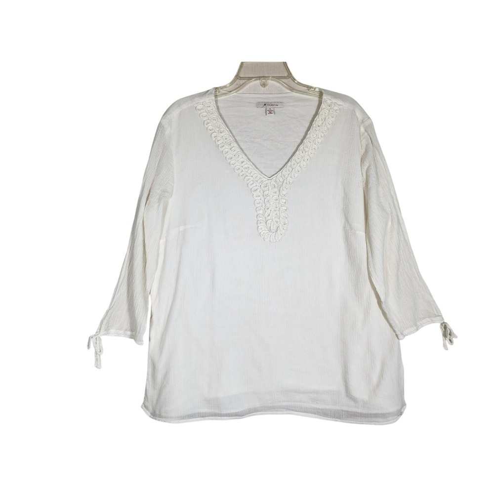 JM Collection Womens 16 Ivory Cotton Tunic Boho Peasant Crochet Coastal Airy - Picture 1 of 6